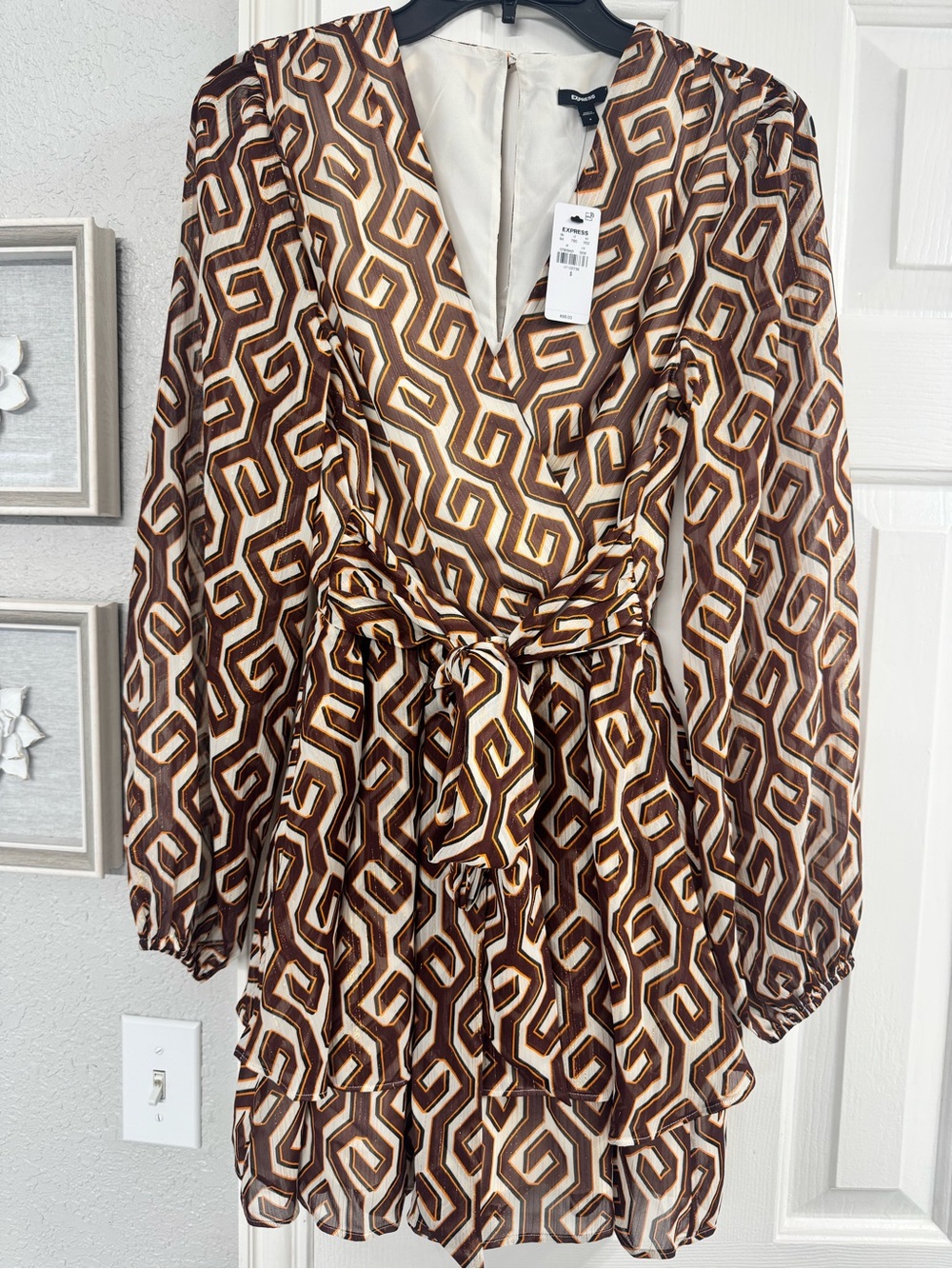 Geometric Print Tie-Waist Mini Skort Dress - Brown, Black and Cream